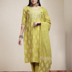 Stylum Women's Printed & Embroidered Rayon Straight Kurta Pant Dupatta Set (KPDCORNKOHLI)