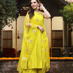 Stylum Women's Corn Solid & Embellished Rayon Flared Kurta Palazzo Dupatta Set (KPDCORNPURVI)