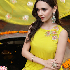 Stylum Women's Corn Solid & Embellished Rayon Flared Kurta Palazzo Dupatta Set (KPDCORNPURVI)