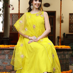 Stylum Women's Corn Solid & Embellished Rayon Flared Kurta Palazzo Dupatta Set (KPDCORNPURVI)