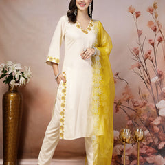 Stylum Women's Solid & Embroidered Rayon Straight Kurta Pant & Dupatta Set (KPDCREAMBELL)