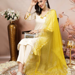 Stylum Women's Solid & Embroidered Rayon Straight Kurta Pant & Dupatta Set (KPDCREAMBELL)