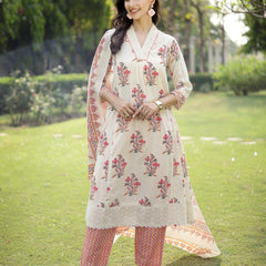 Stylum Women's Cream Floral Printed Cotton A-Line Kurta Pant Dupatta Set (KPDCREAMDIZA)