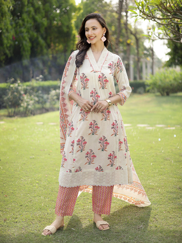 Stylum Women's Cream Floral Printed Cotton A-Line Kurta Pant Dupatta Set (KPDCREAMDIZA)