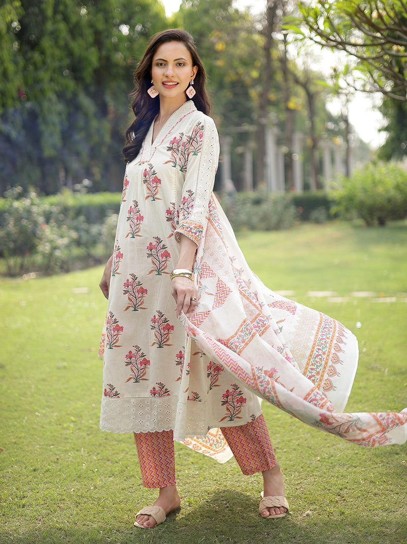 Stylum Women's Cream Floral Printed Cotton A-Line Kurta Pant Dupatta Set (KPDCREAMDIZA)