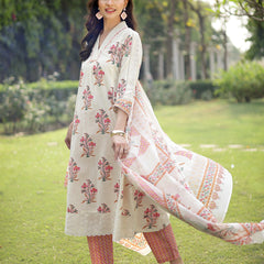 Stylum Women's Cream Floral Printed Cotton A-Line Kurta Pant Dupatta Set (KPDCREAMDIZA)