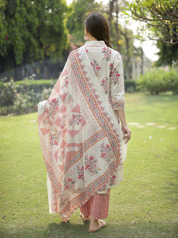 Stylum Women's Cream Floral Printed Cotton A-Line Kurta Pant Dupatta Set (KPDCREAMDIZA)