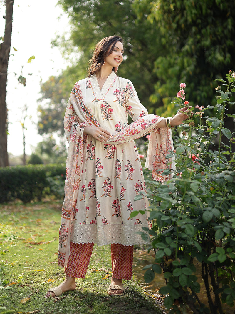 Stylum Women's Cream Floral Printed Cotton A-Line Kurta Pant Dupatta Set (KPDCREAMDIZA)