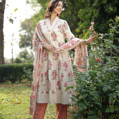 Stylum Women's Cream Floral Printed Cotton A-Line Kurta Pant Dupatta Set (KPDCREAMDIZA)