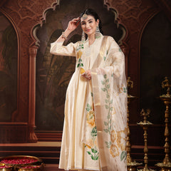 Stylum Women's Cream Solid & Embroidered Roman Silk A-Line Kurta Pant Dupatta Set (KPDCREAMNAWAL)
