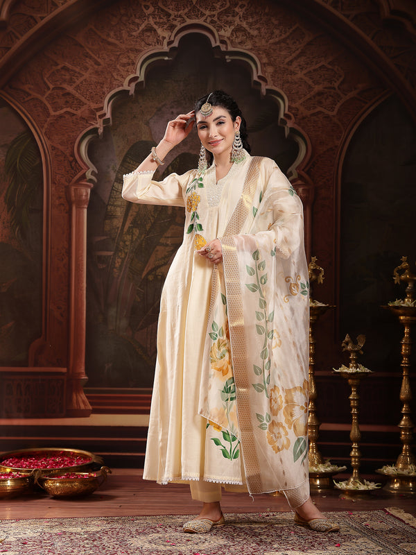 Stylum Women's Cream Solid & Embroidered Roman Silk A-Line Kurta Pant Dupatta Set (KPDCREAMNAWAL)