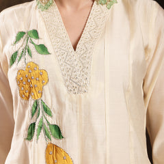 Stylum Women's Cream Solid & Embroidered Roman Silk A-Line Kurta Pant Dupatta Set (KPDCREAMNAWAL)