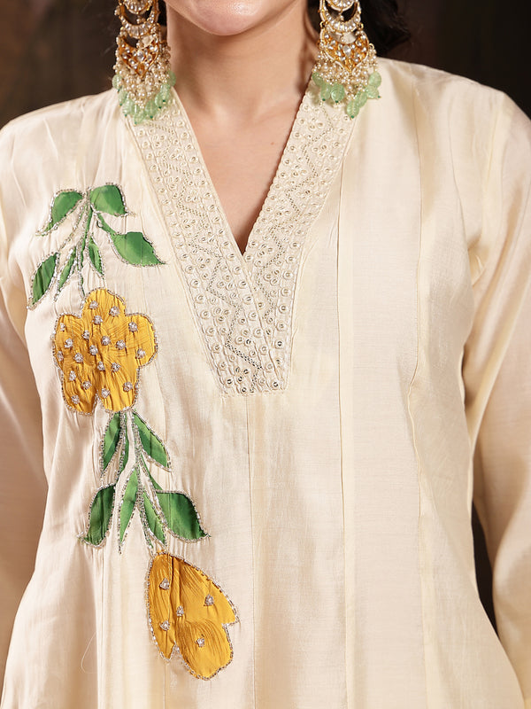Stylum Women's Cream Solid & Embroidered Roman Silk A-Line Kurta Pant Dupatta Set (KPDCREAMNAWAL)