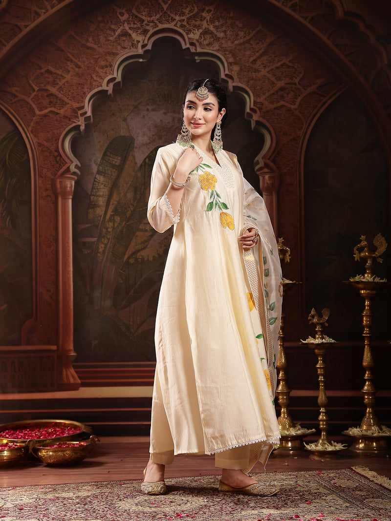 Stylum Women's Cream Solid & Embroidered Roman Silk A-Line Kurta Pant Dupatta Set (KPDCREAMNAWAL)