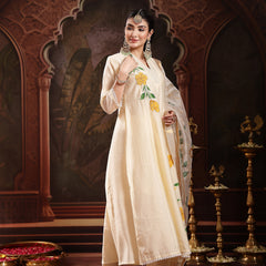 Stylum Women's Cream Solid & Embroidered Roman Silk A-Line Kurta Pant Dupatta Set (KPDCREAMNAWAL)
