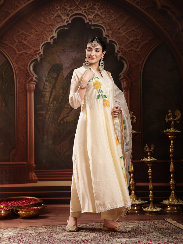 Stylum Women's Cream Solid & Embroidered Roman Silk A-Line Kurta Pant Dupatta Set (KPDCREAMNAWAL)