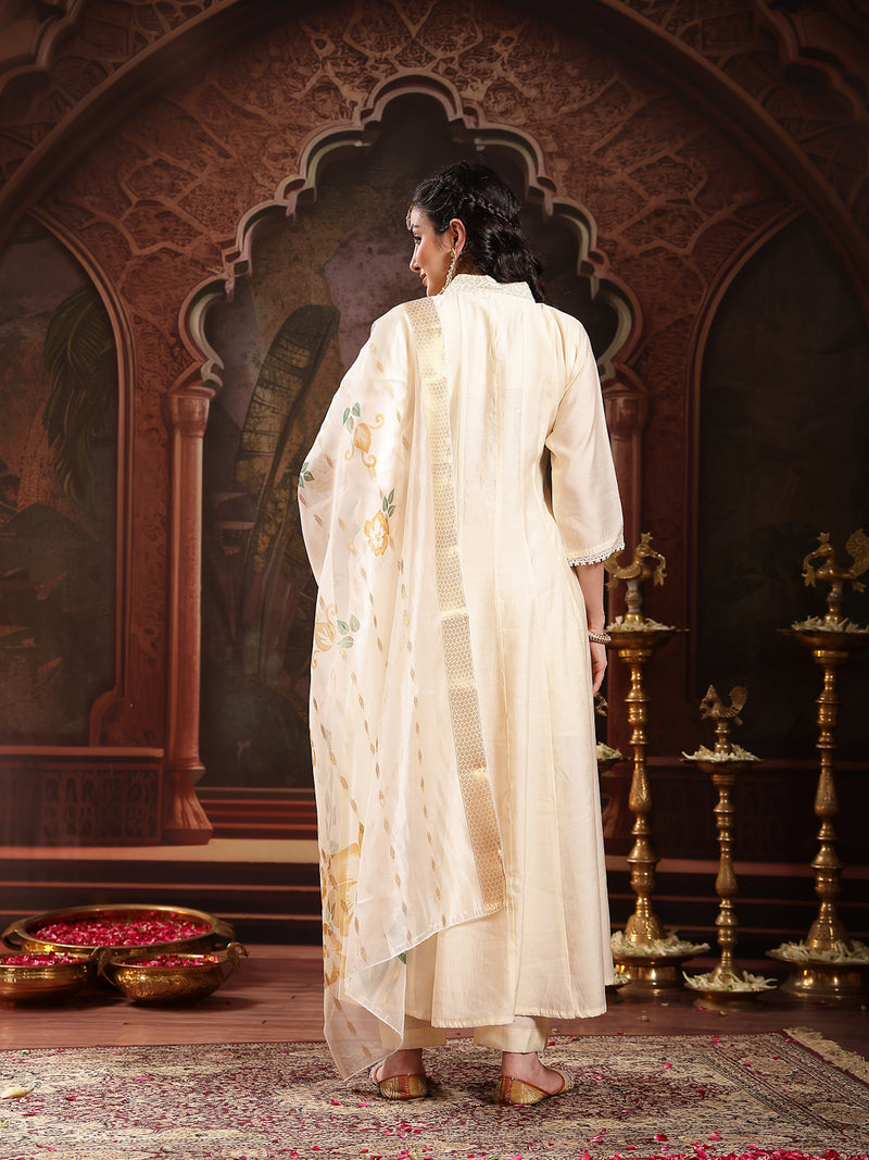 Stylum Women's Cream Solid & Embroidered Roman Silk A-Line Kurta Pant Dupatta Set (KPDCREAMNAWAL)