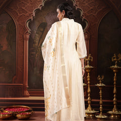 Stylum Women's Cream Solid & Embroidered Roman Silk A-Line Kurta Pant Dupatta Set (KPDCREAMNAWAL)