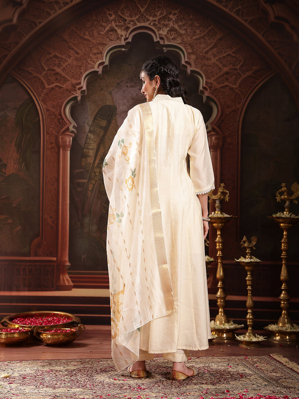 Stylum Women's Cream Solid & Embroidered Roman Silk A-Line Kurta Pant Dupatta Set (KPDCREAMNAWAL)