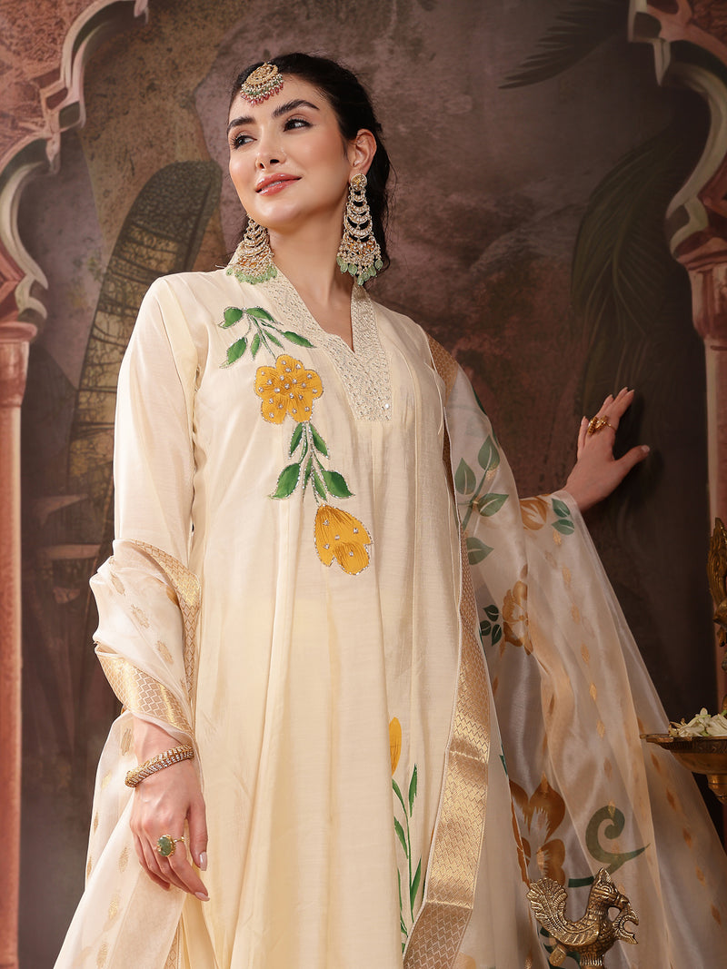 Stylum Women's Cream Solid & Embroidered Roman Silk A-Line Kurta Pant Dupatta Set (KPDCREAMNAWAL)
