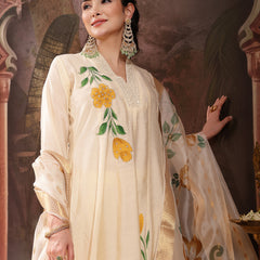 Stylum Women's Cream Solid & Embroidered Roman Silk A-Line Kurta Pant Dupatta Set (KPDCREAMNAWAL)