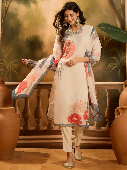 Stylum Women's Off White Printed & Embroidered Soft Organza Straight Kurta Pant Dupatta Set (KPDCREAMSUZANA)