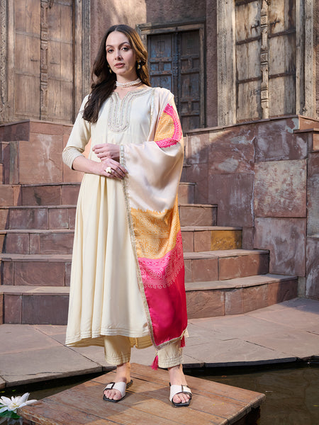 Stylum Women's Cream Solid & Embroidered Rayon Anarkali Kurta Pant Dupatta Set (KPDCREAMUTSA)
