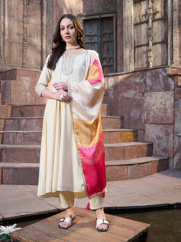 Stylum Women's Cream Solid & Embroidered Rayon Anarkali Kurta Pant Dupatta Set (KPDCREAMUTSA)