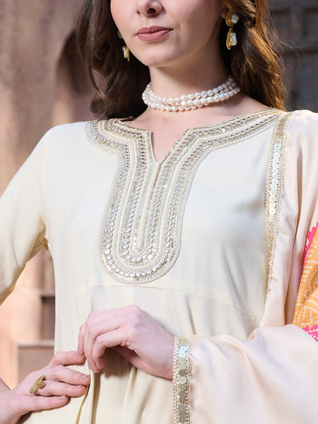 Stylum Women's Cream Solid & Embroidered Rayon Anarkali Kurta Pant Dupatta Set (KPDCREAMUTSA)