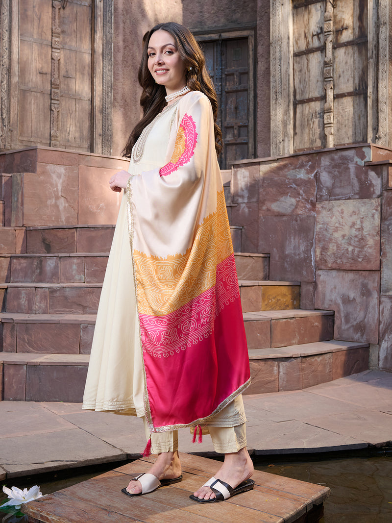 Stylum Women's Cream Solid & Embroidered Rayon Anarkali Kurta Pant Dupatta Set (KPDCREAMUTSA)