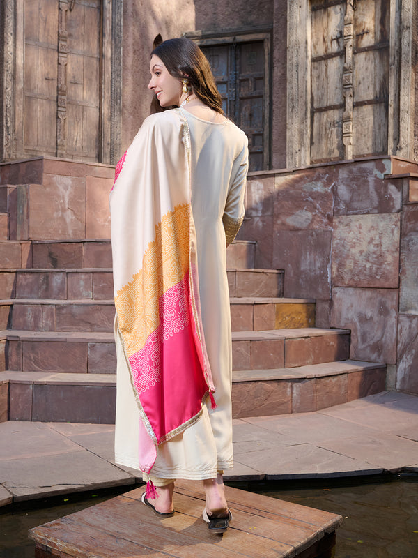 Stylum Women's Cream Solid & Embroidered Rayon Anarkali Kurta Pant Dupatta Set (KPDCREAMUTSA)