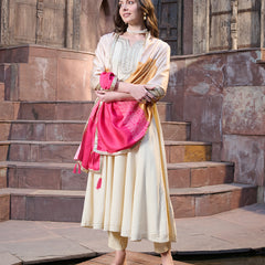 Stylum Women's Cream Solid & Embroidered Rayon Anarkali Kurta Pant Dupatta Set (KPDCREAMUTSA)