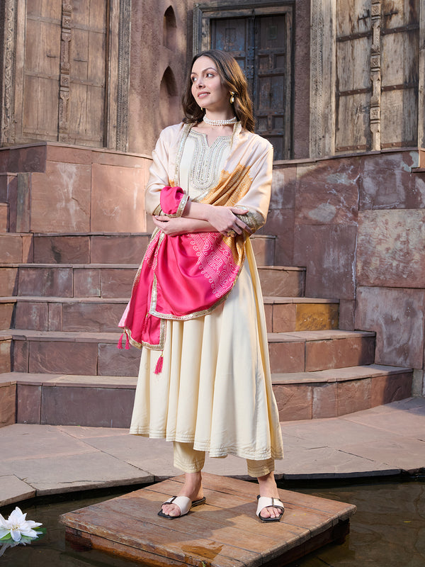 Stylum Women's Cream Solid & Embroidered Rayon Anarkali Kurta Pant Dupatta Set (KPDCREAMUTSA)