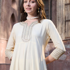 Stylum Women's Cream Solid & Embroidered Rayon Anarkali Kurta Pant Dupatta Set (KPDCREAMUTSA)