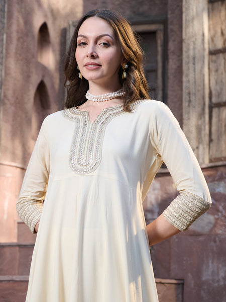Stylum Women's Cream Solid & Embroidered Rayon Anarkali Kurta Pant Dupatta Set (KPDCREAMUTSA)