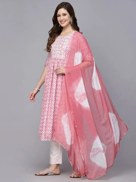 Stylum Women's Printed Rayon Naira Cut Kurta Pant Dupatta Set (KPDEMILY)