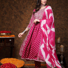 Stylum Women's Magenta Bandhej Printed Rayon Flared Kurta Pant Dupatta Set (KPDGEMALIA)