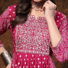 Stylum Women's Magenta Bandhej Printed Rayon Flared Kurta Pant Dupatta Set (KPDGEMALIA)