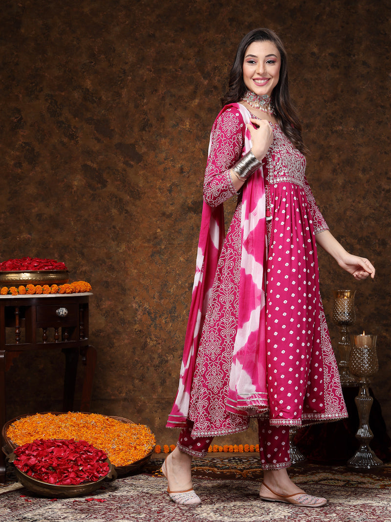 Stylum Women's Magenta Bandhej Printed Rayon Flared Kurta Pant Dupatta Set (KPDGEMALIA)