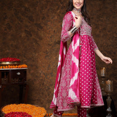 Stylum Women's Magenta Bandhej Printed Rayon Flared Kurta Pant Dupatta Set (KPDGEMALIA)