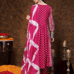 Stylum Women's Magenta Bandhej Printed Rayon Flared Kurta Pant Dupatta Set (KPDGEMALIA)