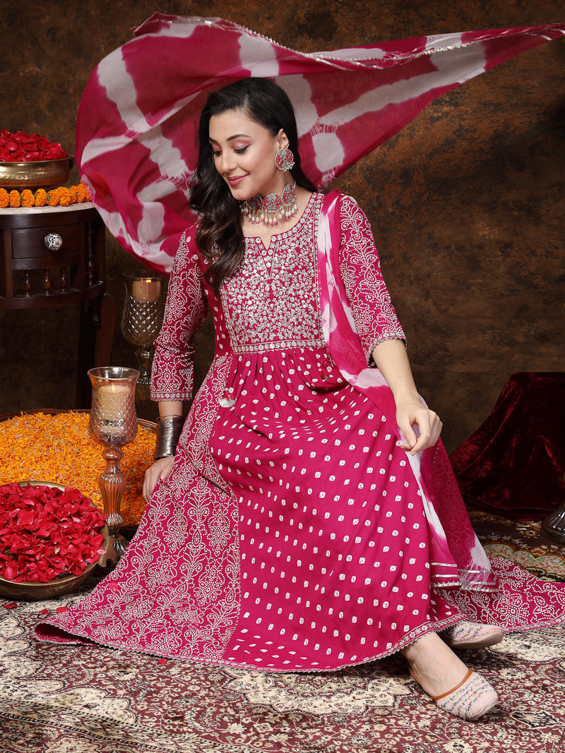Stylum Women's Magenta Bandhej Printed Rayon Flared Kurta Pant Dupatta Set (KPDGEMALIA)