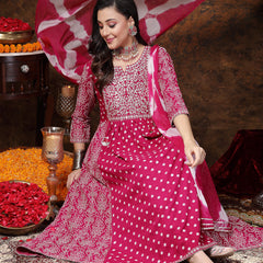 Stylum Women's Magenta Bandhej Printed Rayon Flared Kurta Pant Dupatta Set (KPDGEMALIA)