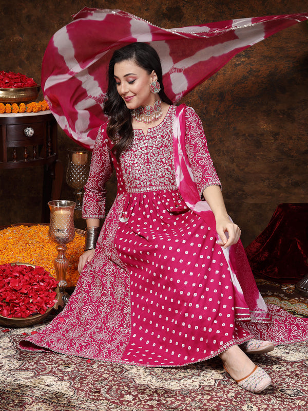 Stylum Women's Magenta Bandhej Printed Rayon Flared Kurta Pant Dupatta Set (KPDGEMALIA)