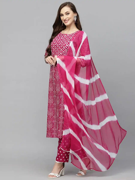 Stylum Women's Bandhej Printed Rayon Kurta Pant Dupatta Set (KPDGEMLEMON)