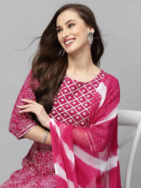 Stylum Women's Bandhej Printed Rayon Kurta Pant Dupatta Set (KPDGEMLEMON)