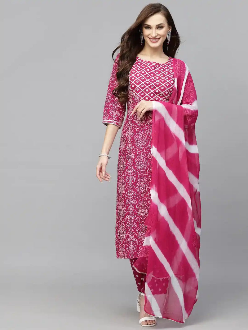 Stylum Women's Bandhej Printed Rayon Kurta Pant Dupatta Set (KPDGEMLEMON)