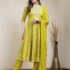 Stylum Women's Printed & Embroidered Naira Cut Kurta Pant Dupatta Set (KPDGERMANGREEN)