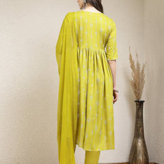 Stylum Women's Printed & Embroidered Naira Cut Kurta Pant Dupatta Set (KPDGERMANGREEN)