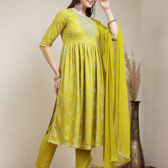 Stylum Women's Printed & Embroidered Naira Cut Kurta Pant Dupatta Set (KPDGERMANGREEN)